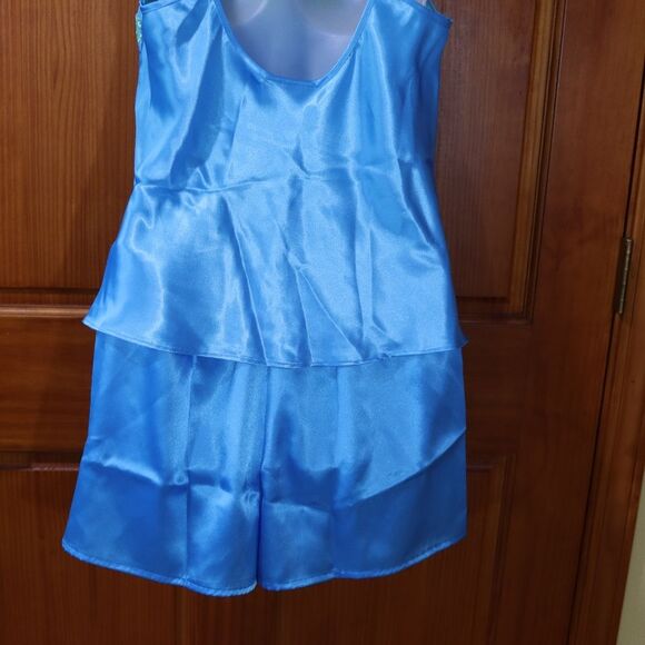 Morgan Taylor Blue Lime Green Satin Pajama Short Set Vintage 90s Medium - Picture 9 of 12